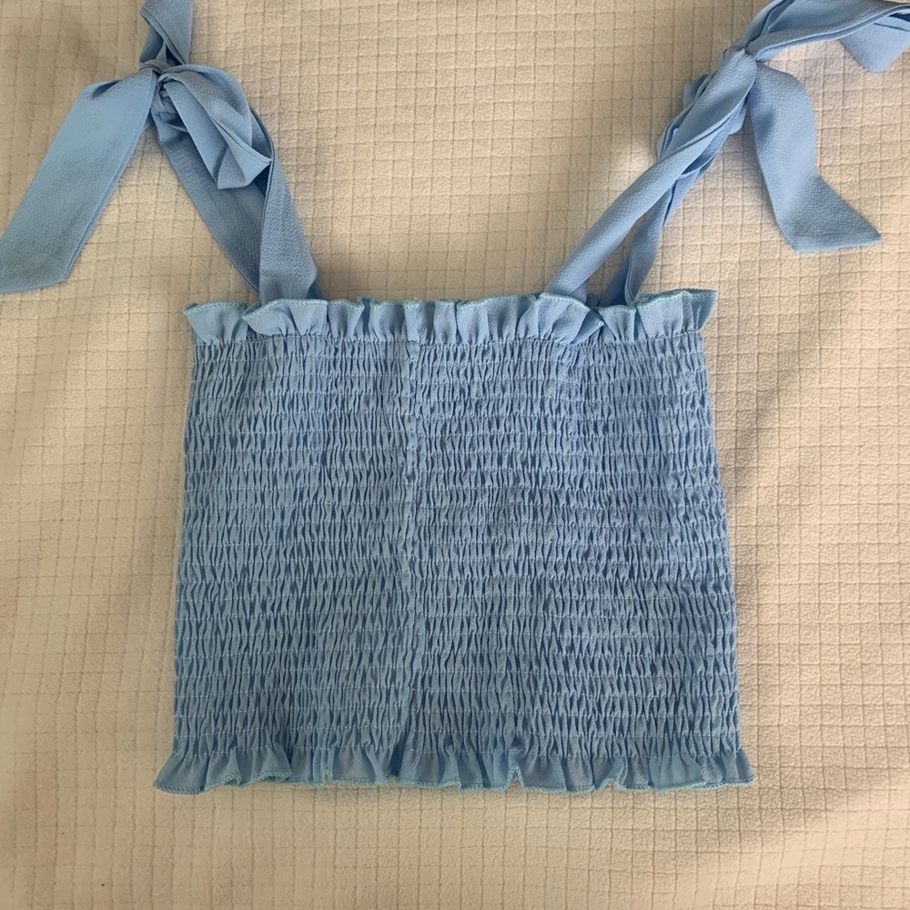 Light baby blue scrunch top with self tie ribbon straps